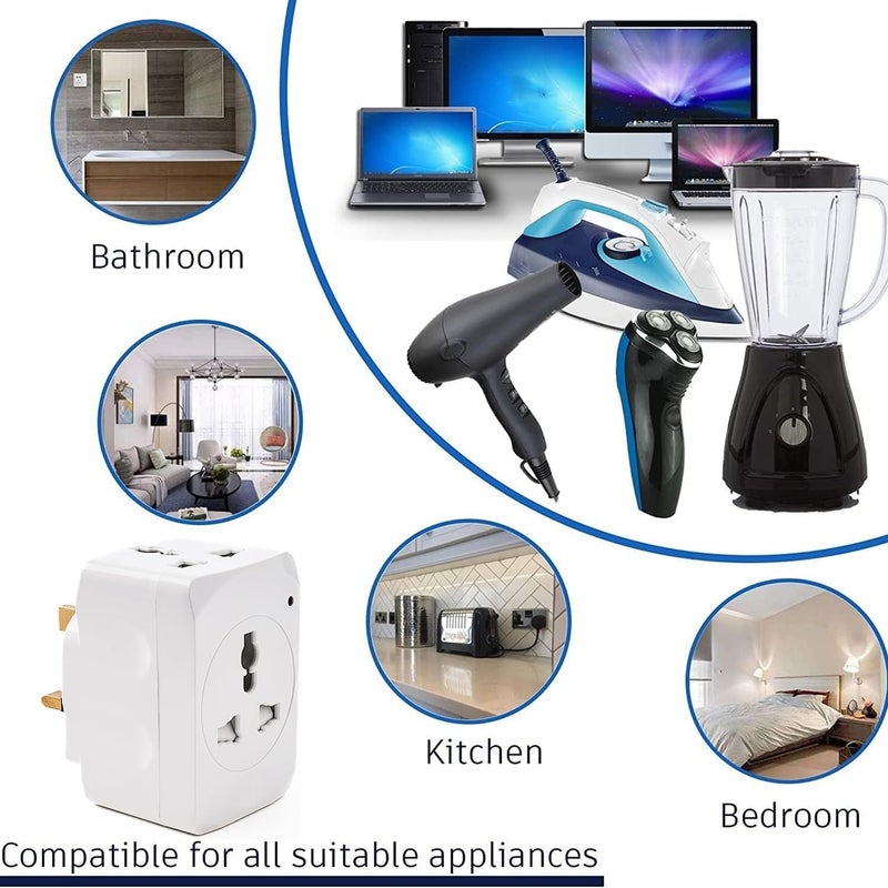 Duravel Universal Travel Power Adapter, 3-Pin UK to Multi-Socket Converter, White - Image 4